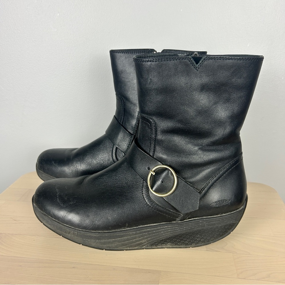 MBT Magee Black Nappa Mid Thigh Leather Boots 8/39 Moto Rocker Platform Soles